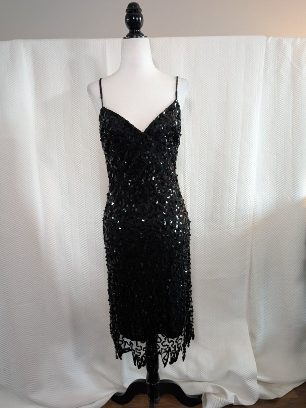 Betsey Johnson Evening Black Sequin Slip Dress Midi Cocktail Party Glam Medium